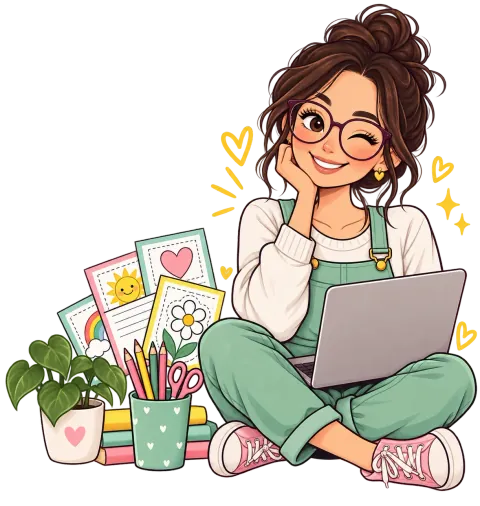 Ilustração de uma educadora sentada com notebook, atividades impressas e lápis de cor