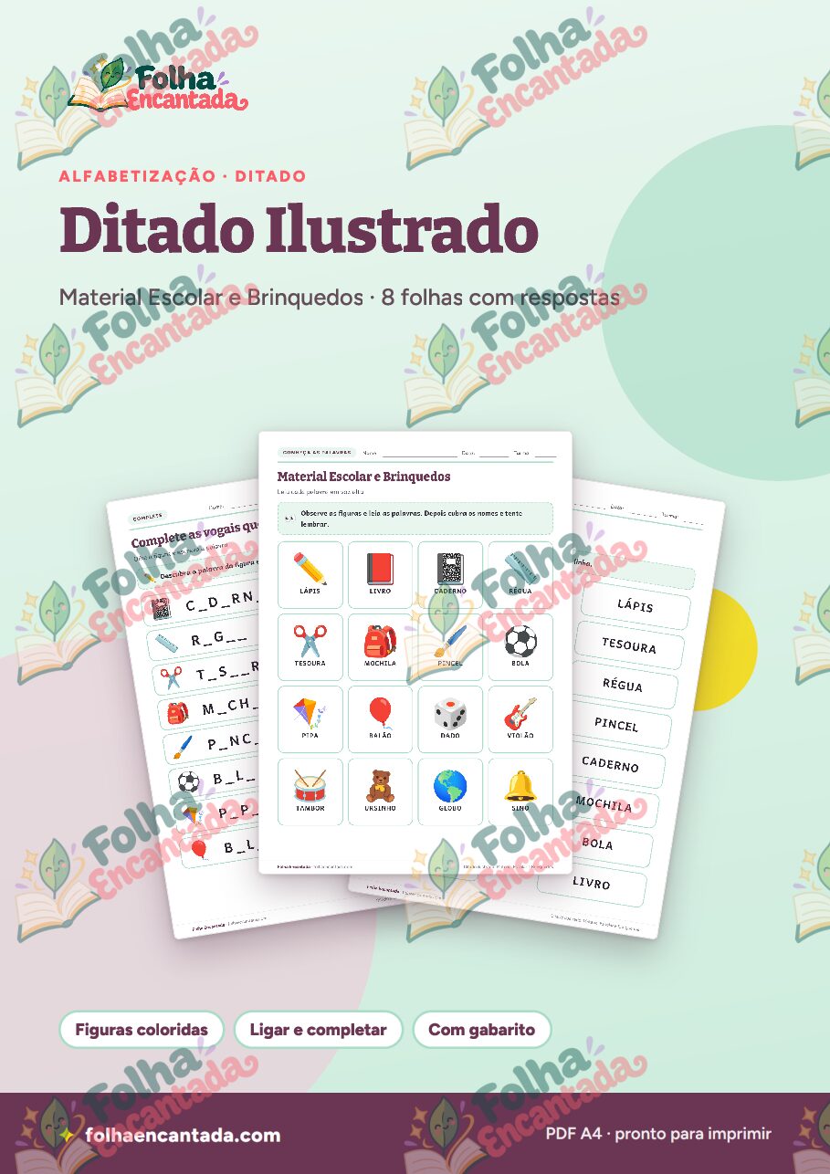 Prévia da página 1 de Ditado Ilustrado: Material Escolar e Brinquedos