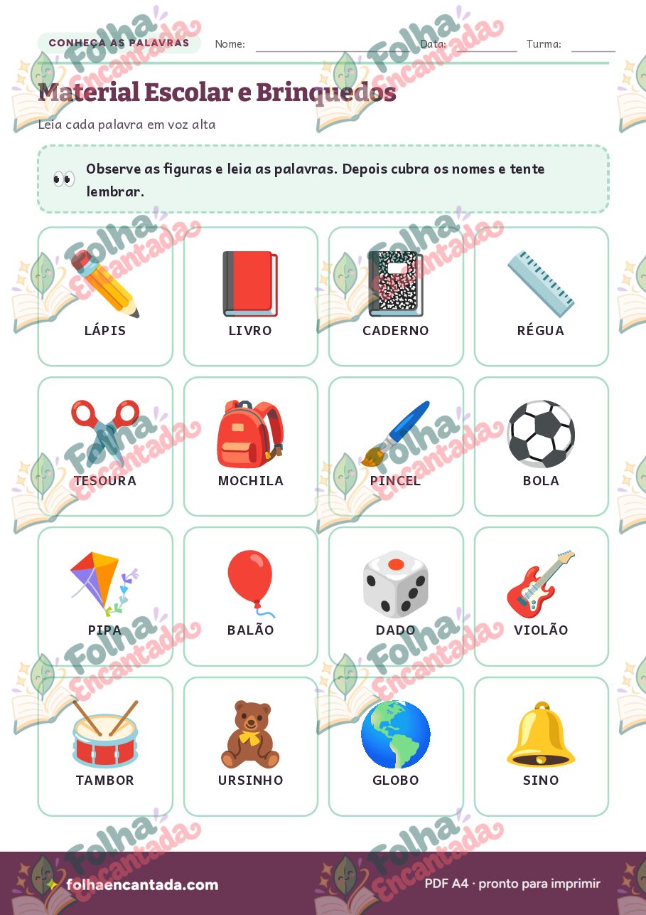 Prévia da página 2 de Ditado Ilustrado: Material Escolar e Brinquedos