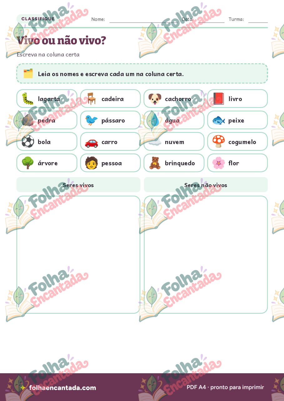 Prévia da página 3 de Seres Vivos e Não Vivos em Atividades