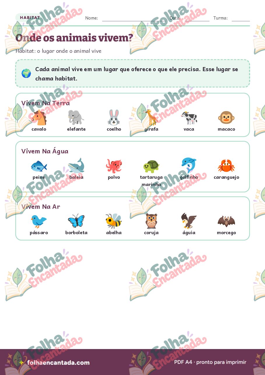 Prévia da página 2 de Animais: Habitat e Alimentação em Atividades