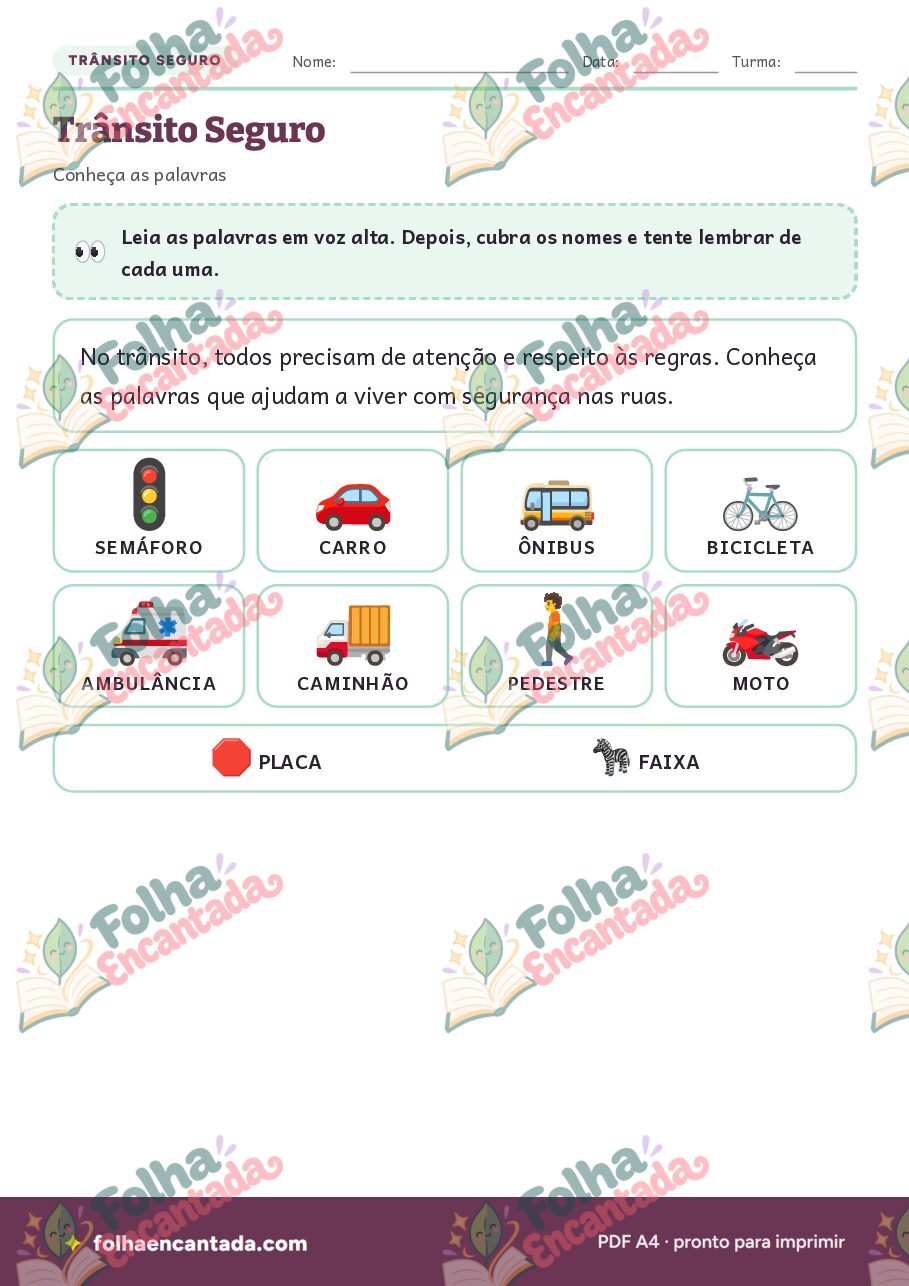 Prévia da página 2 de Trânsito Seguro: Atividades de Vocabulário e Semáforo