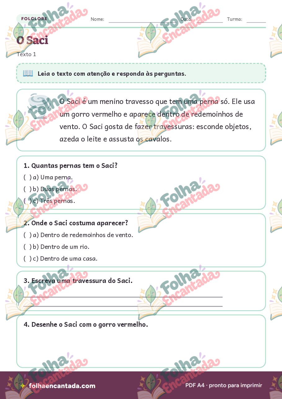Prévia da página 2 de Folclore Brasileiro: Lendas e Interpretação de Texto