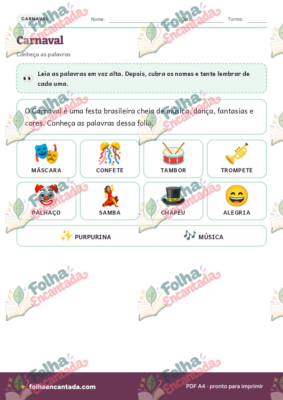 Prévia da página 2 de Carnaval: Atividades de Vocabulário e Máscara