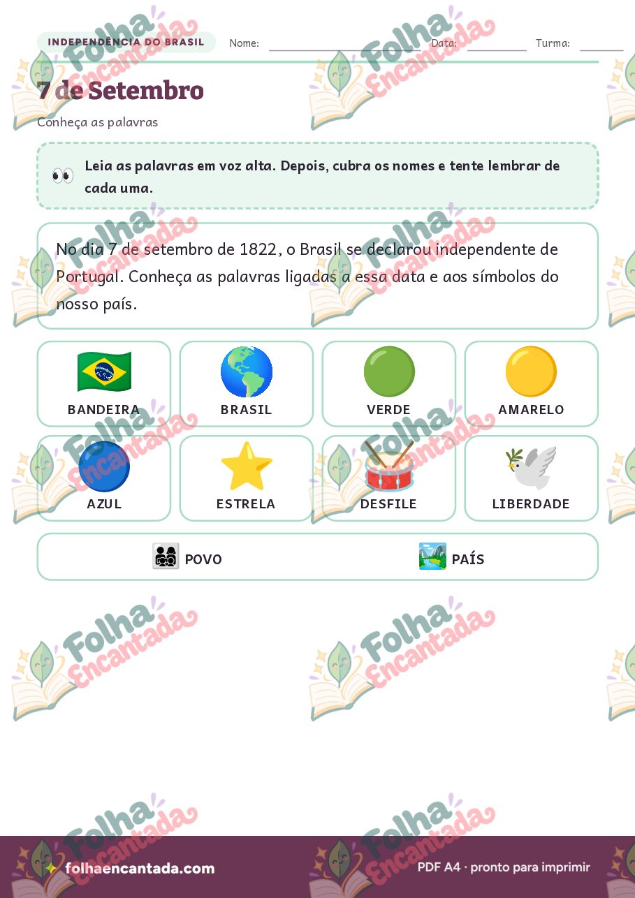 Prévia da página 2 de 7 de Setembro: Atividades e Bandeira do Brasil