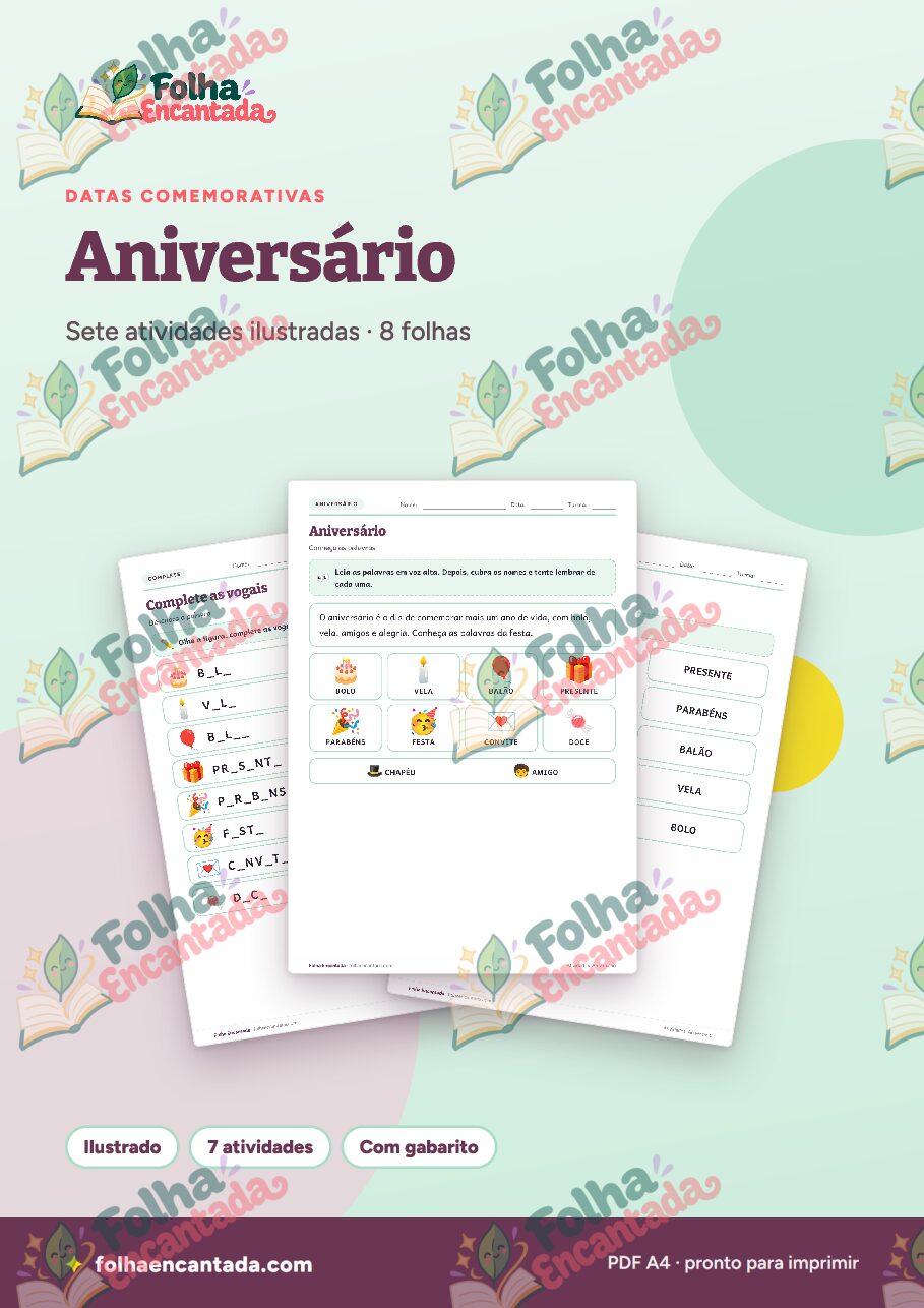Prévia da página 1 de Aniversário: Atividades de Vocabulário e Convite