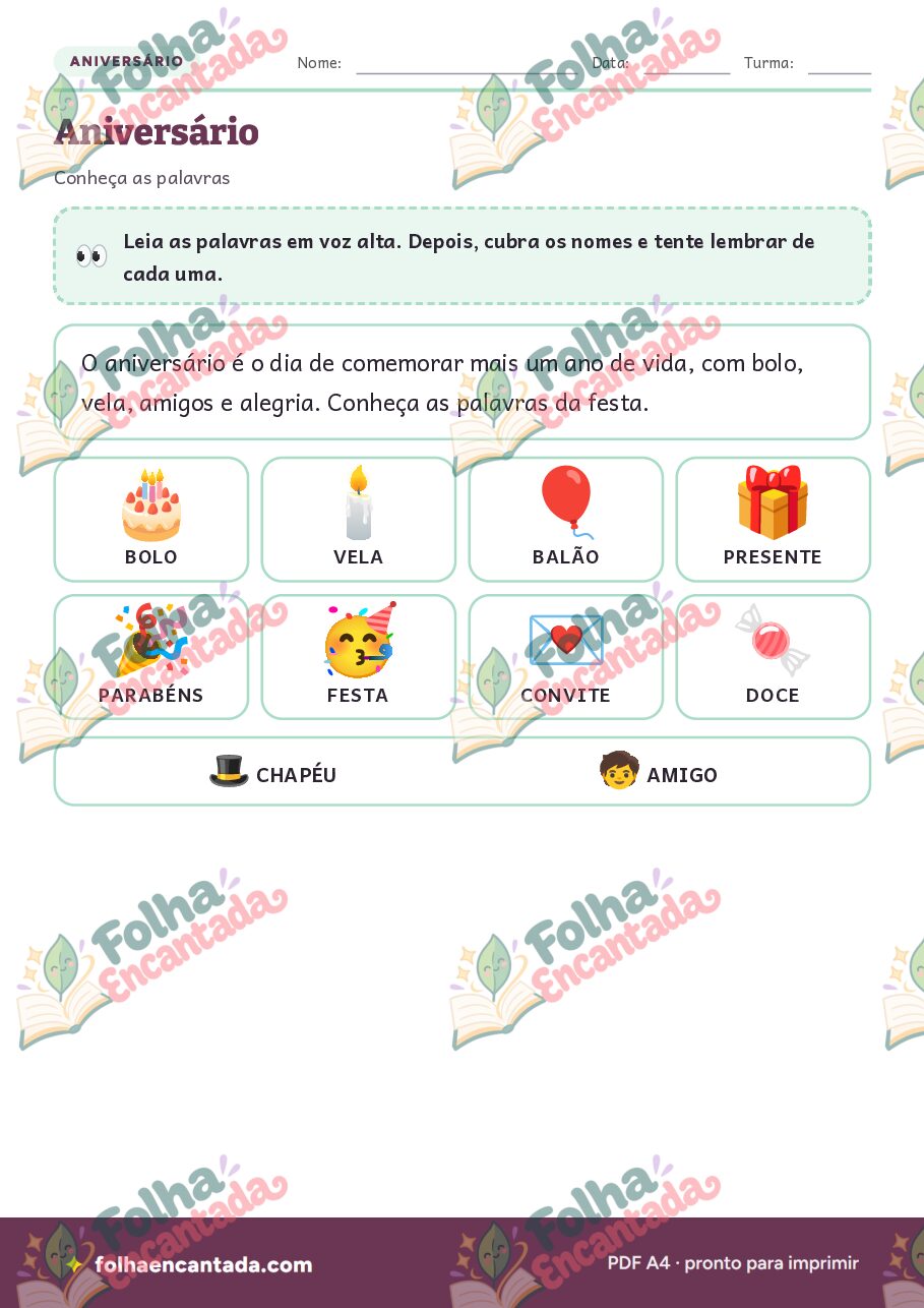 Prévia da página 2 de Aniversário: Atividades de Vocabulário e Convite
