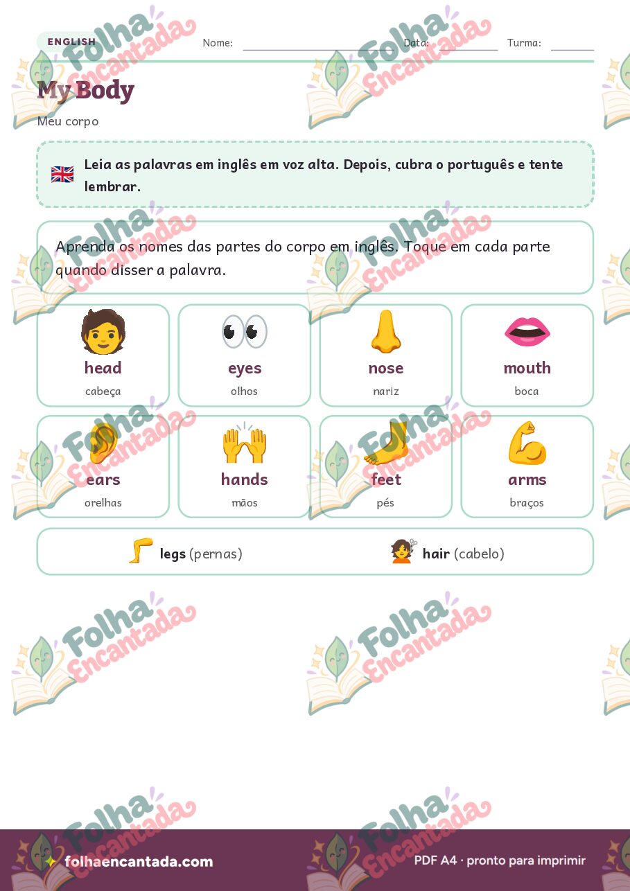 Prévia da página 2 de Inglês para Crianças: Corpo Humano