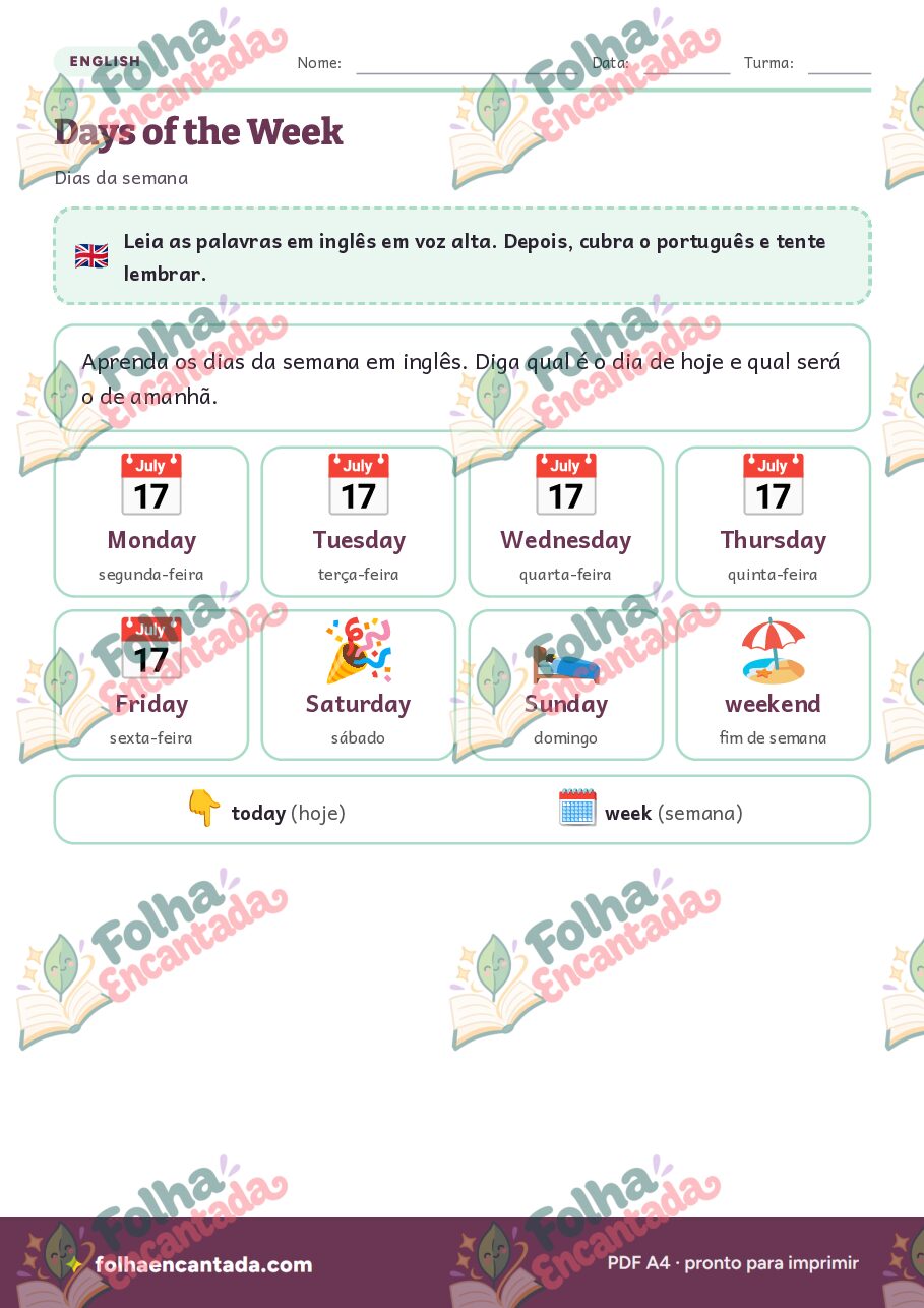 Prévia da página 2 de Inglês para Crianças: Dias da Semana