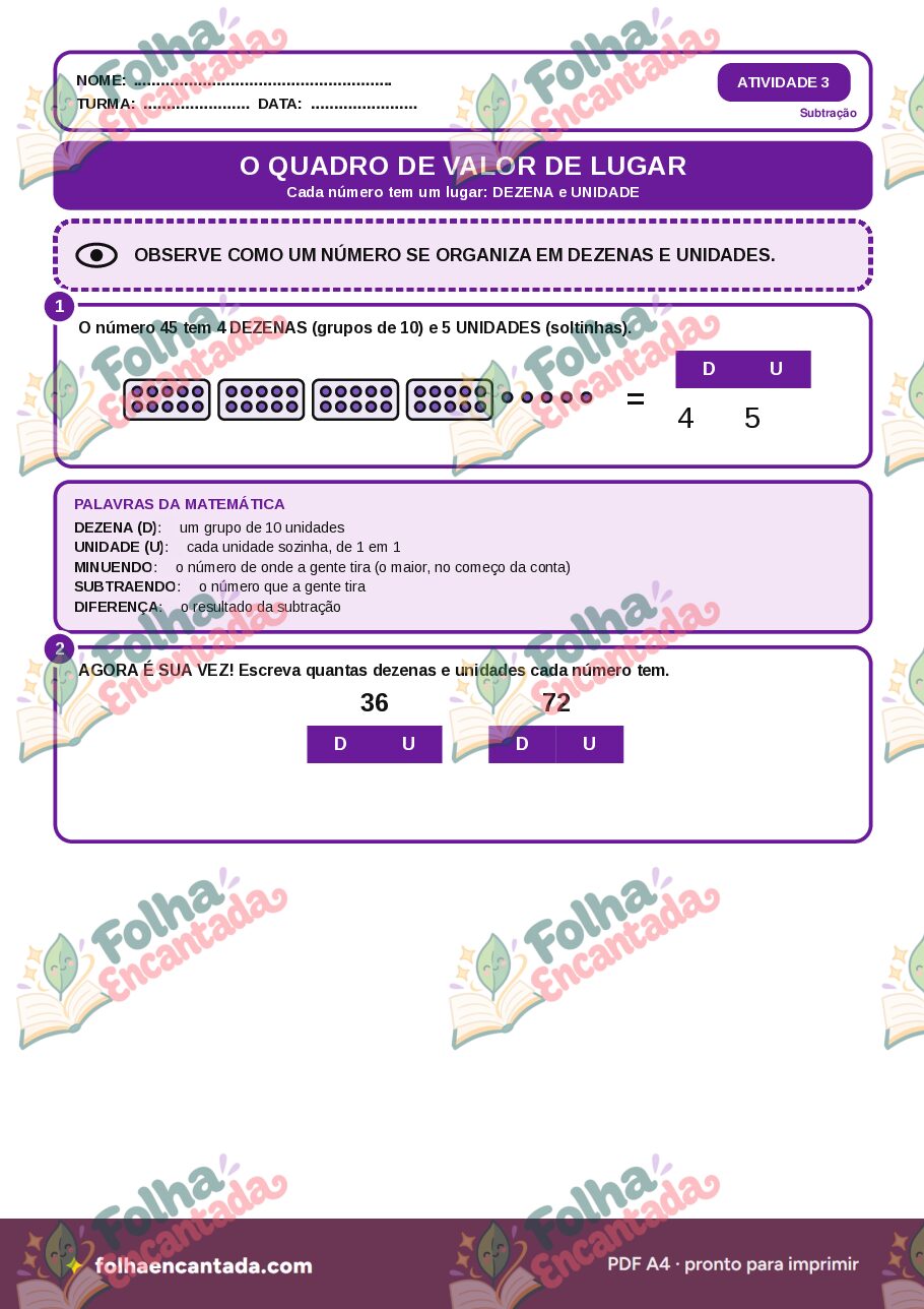Prévia da página 2 de Subtração com Quadro de Valor de Lugar para o 2º Ano