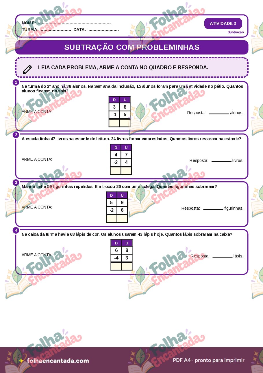 Prévia da página 3 de Subtração com Quadro de Valor de Lugar para o 2º Ano