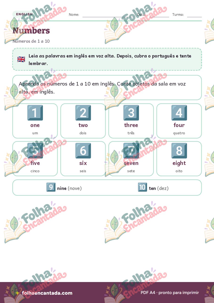 Prévia da página 2 de Inglês para Crianças: Números de 1 a 10