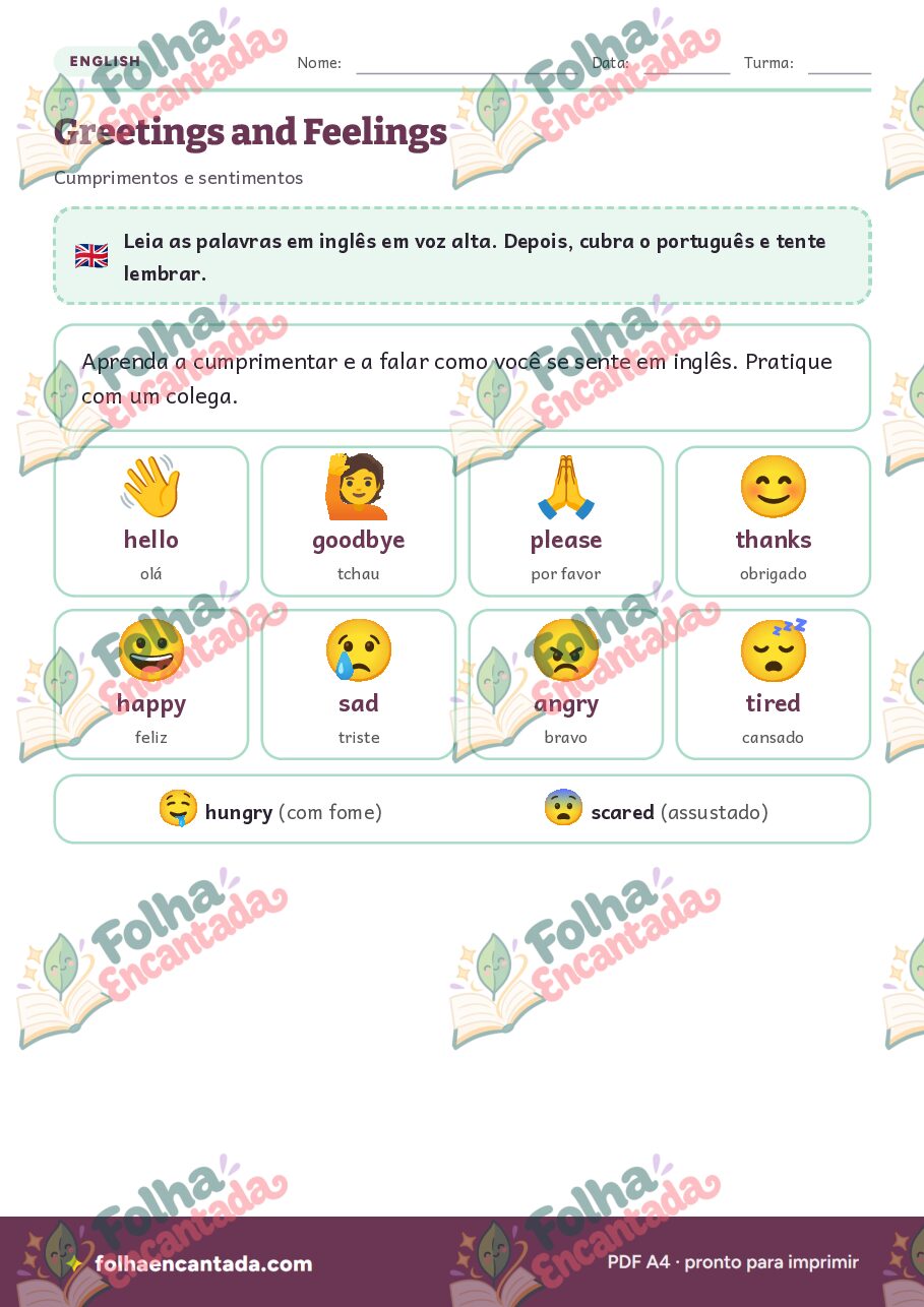 Prévia da página 2 de Inglês para Crianças: Cumprimentos e Sentimentos