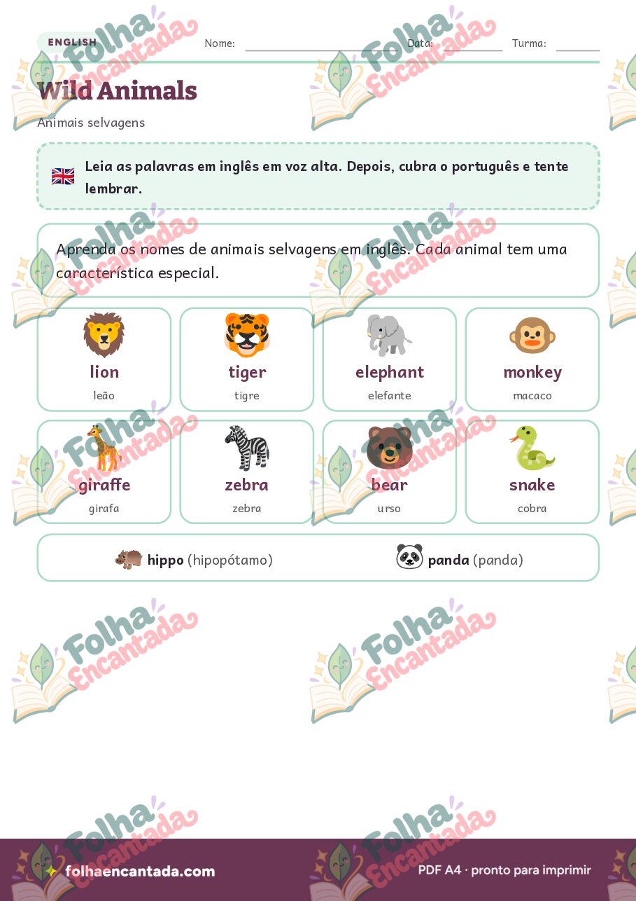 Prévia da página 2 de Inglês para Crianças: Animais Selvagens