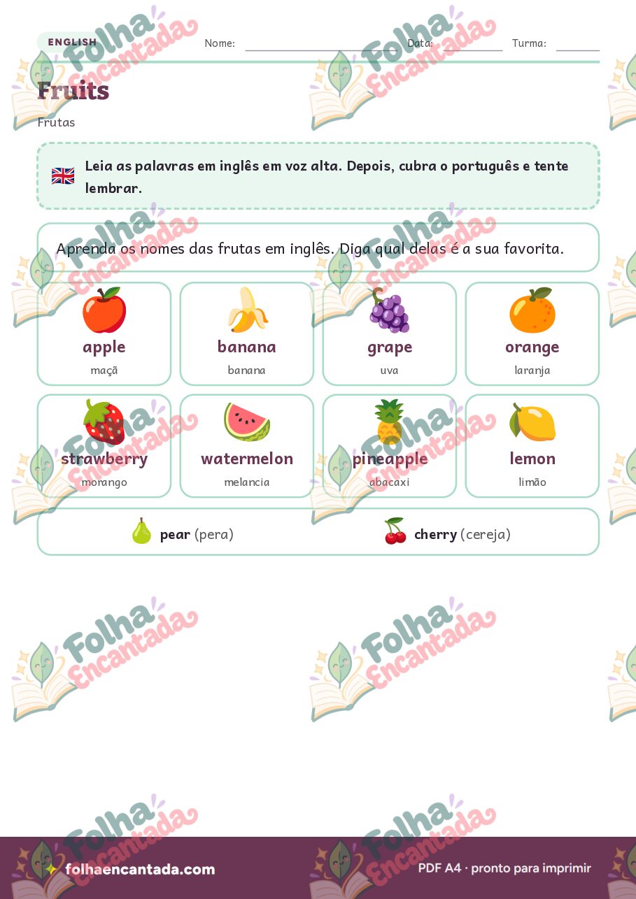 Prévia da página 2 de Inglês para Crianças: Frutas