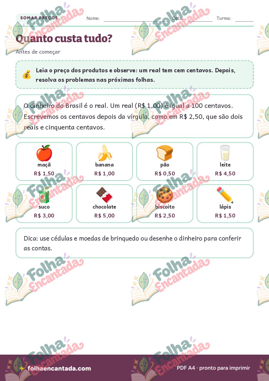 Prévia da página 2 de Problemas com Dinheiro: Somar Preços