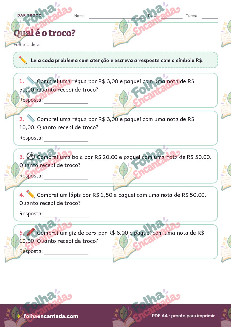 Prévia da página 3 de Problemas com Dinheiro: Dar e Receber Troco