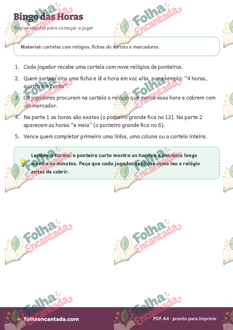 Prévia da página 2 de Bingo das Horas: Relógios de Ponteiros para o 2º Ano