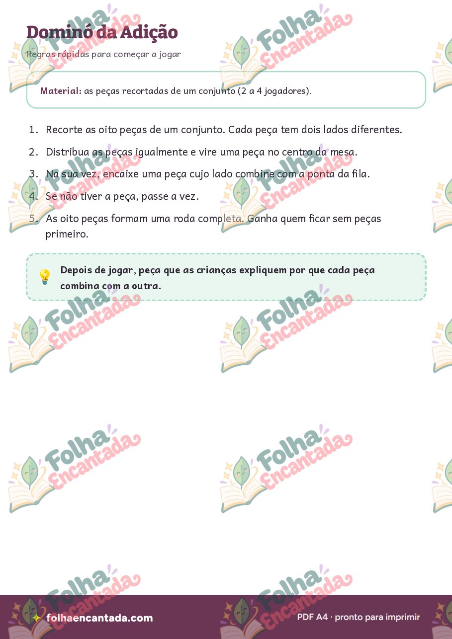 Prévia da página 2 de Dominó da Adição: Contas e Resultados