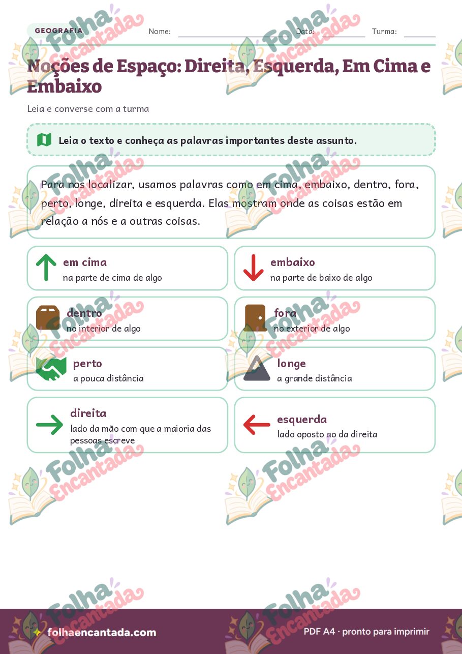 Prévia da página 2 de Noções de Espaço: Direita, Esquerda, Em Cima e Embaixo