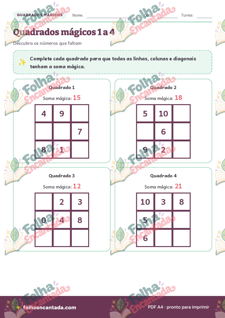 Prévia da página 3 de Quadrados Mágicos: Somas que Se Repetem