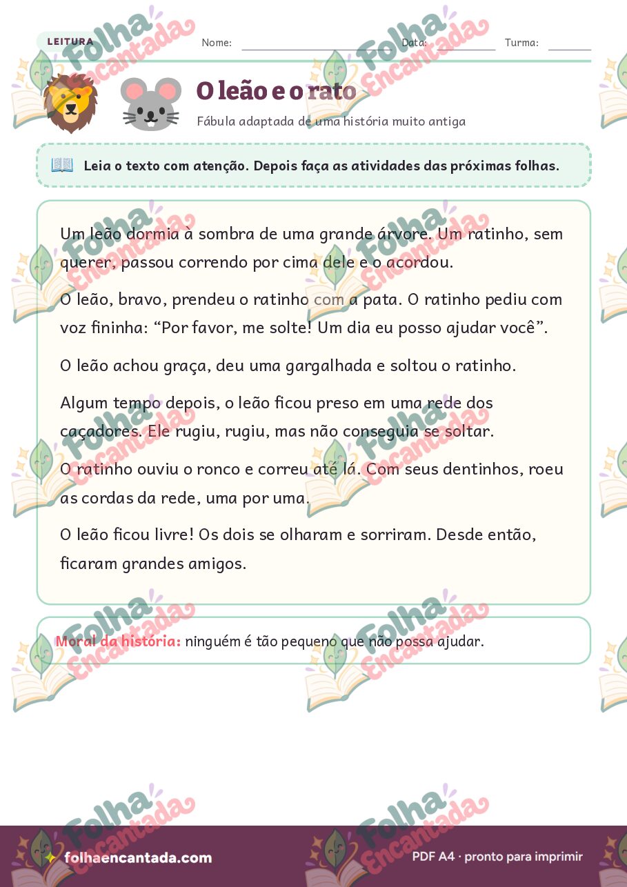 Prévia da página 2 de O Leão e o Rato: Fábula com Atividades
