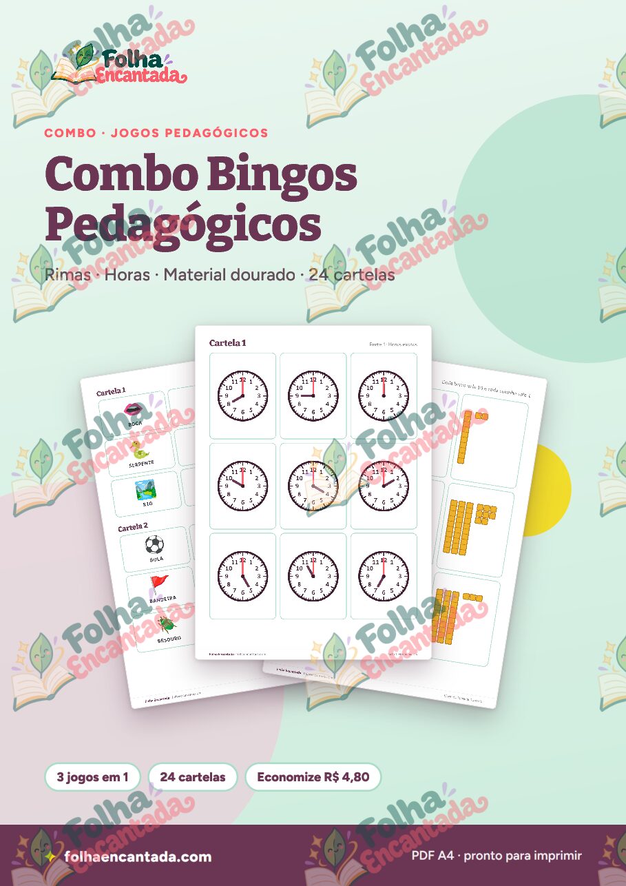 Prévia da página 1 de Combo Bingos Pedagógicos: Rimas, Horas e Material Dourado