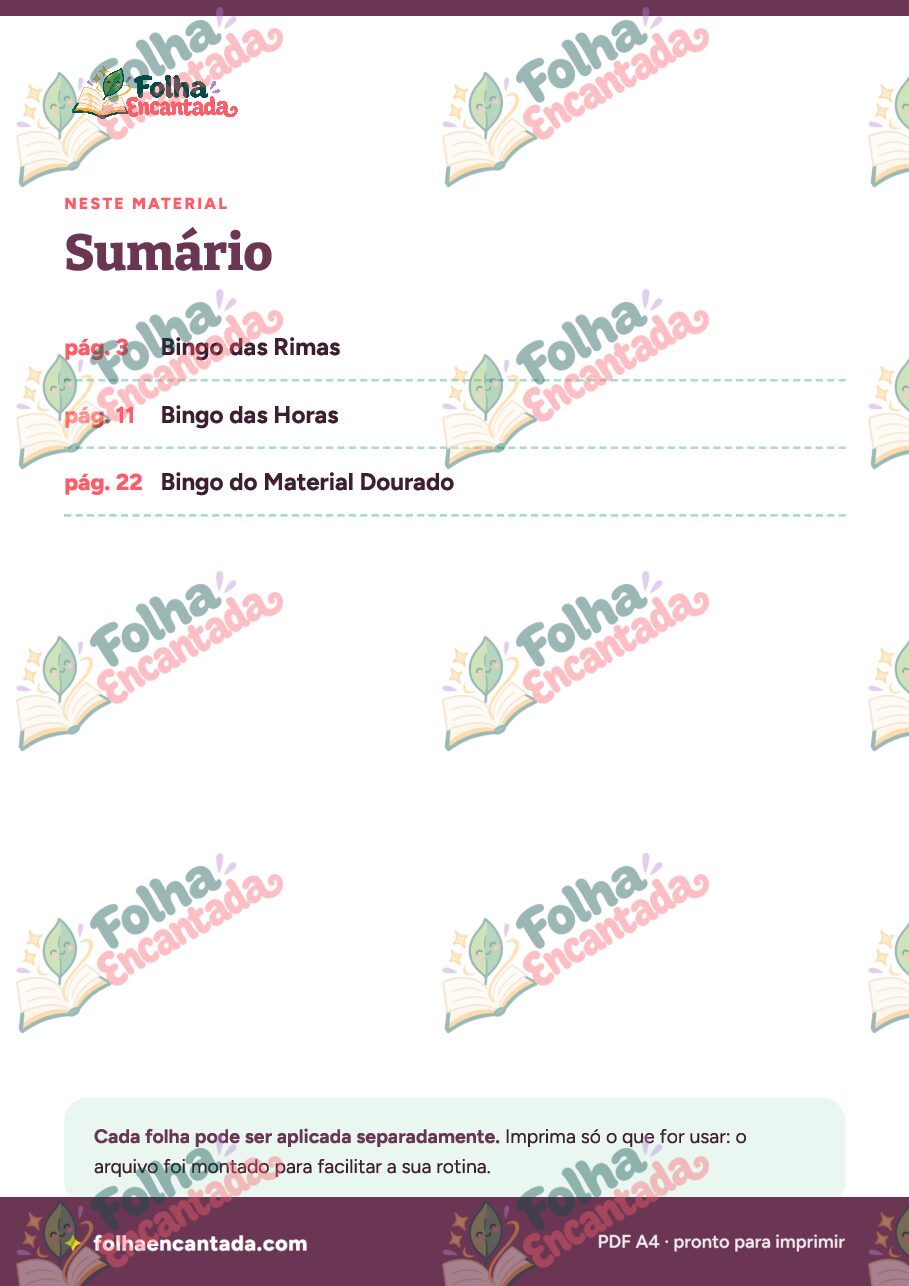 Prévia da página 2 de Combo Bingos Pedagógicos: Rimas, Horas e Material Dourado