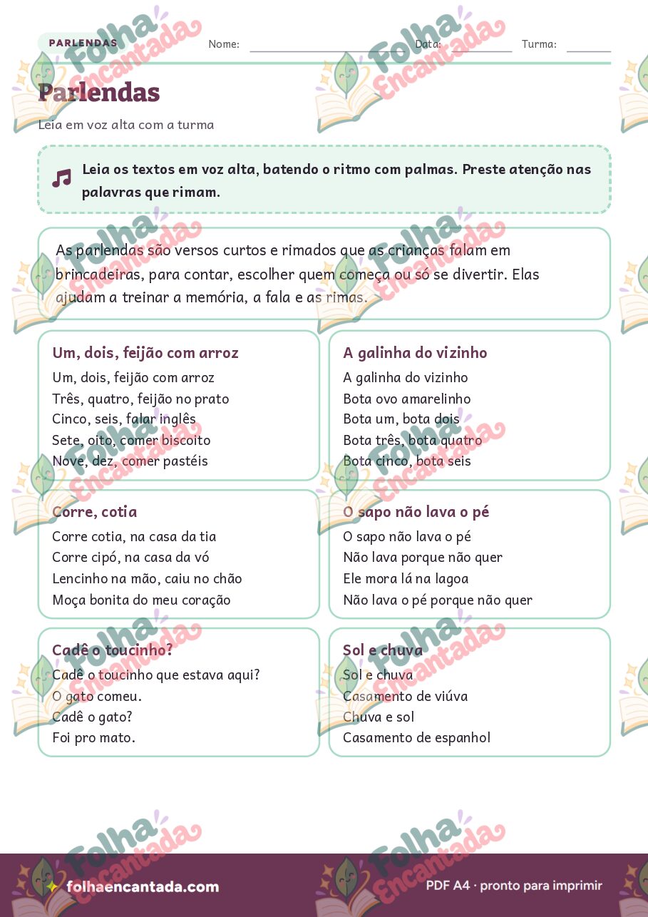 Prévia da página 2 de Parlendas para Ler, Completar e Brincar
