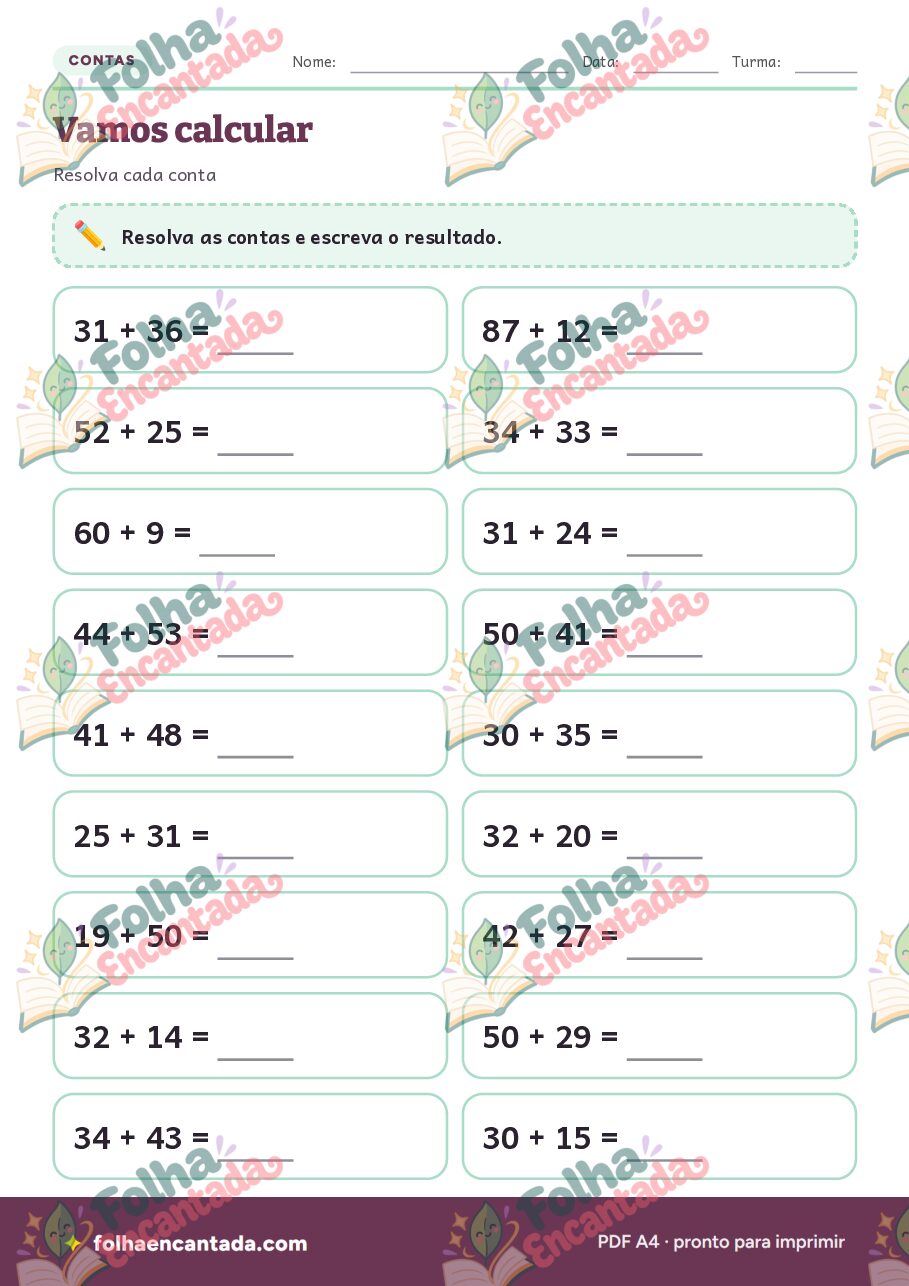 Prévia da página 2 de Adição até 100 sem Reagrupamento