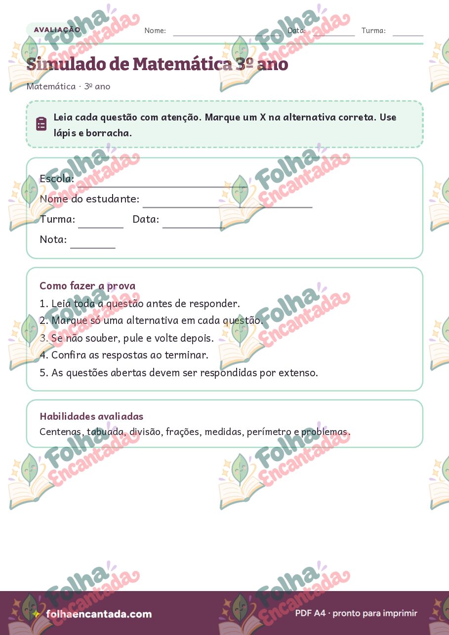 Prévia da página 2 de Simulado de Matemática: 3º ano