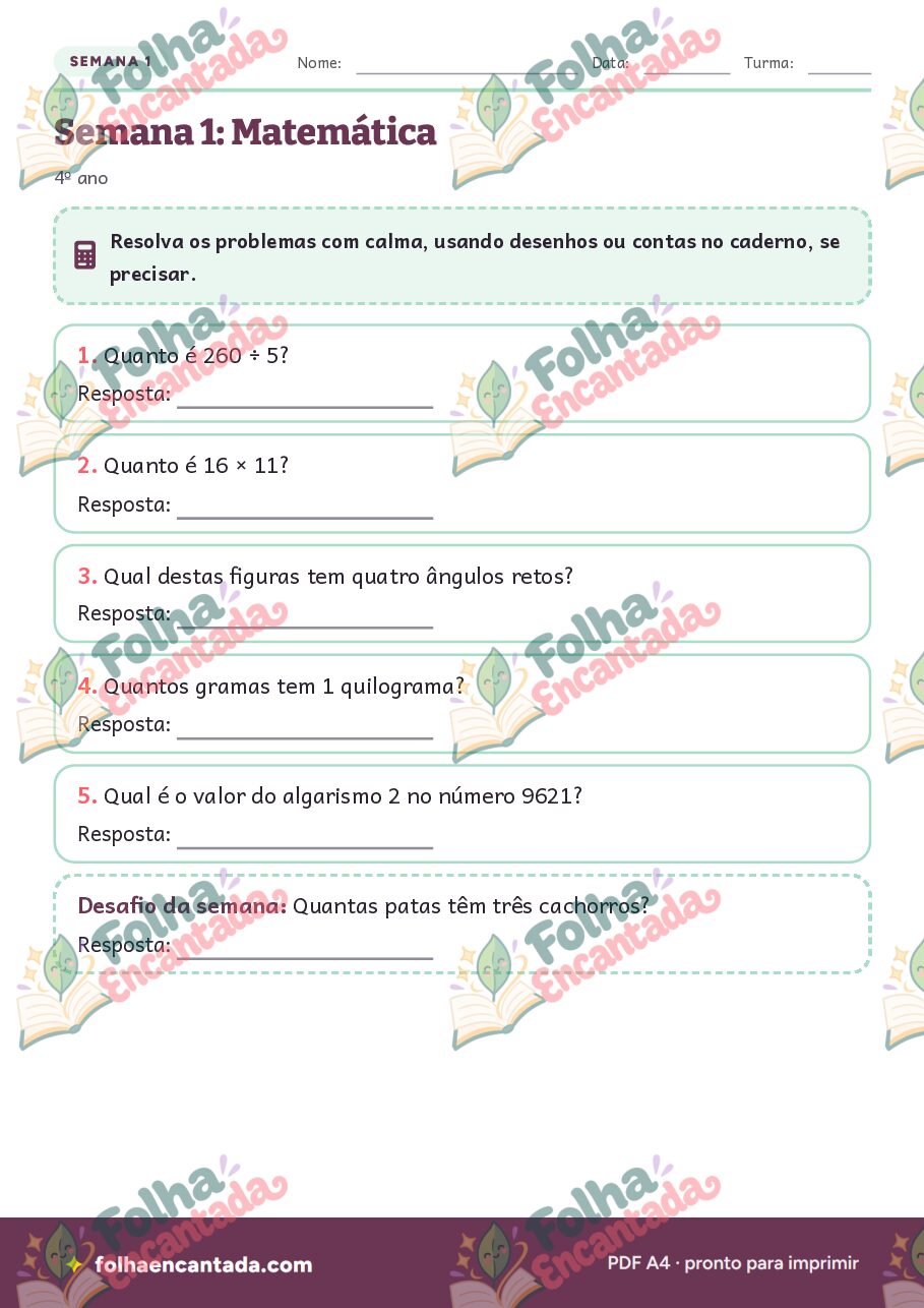 Prévia da página 3 de Tarefa de Casa de Matemática: 4º ano