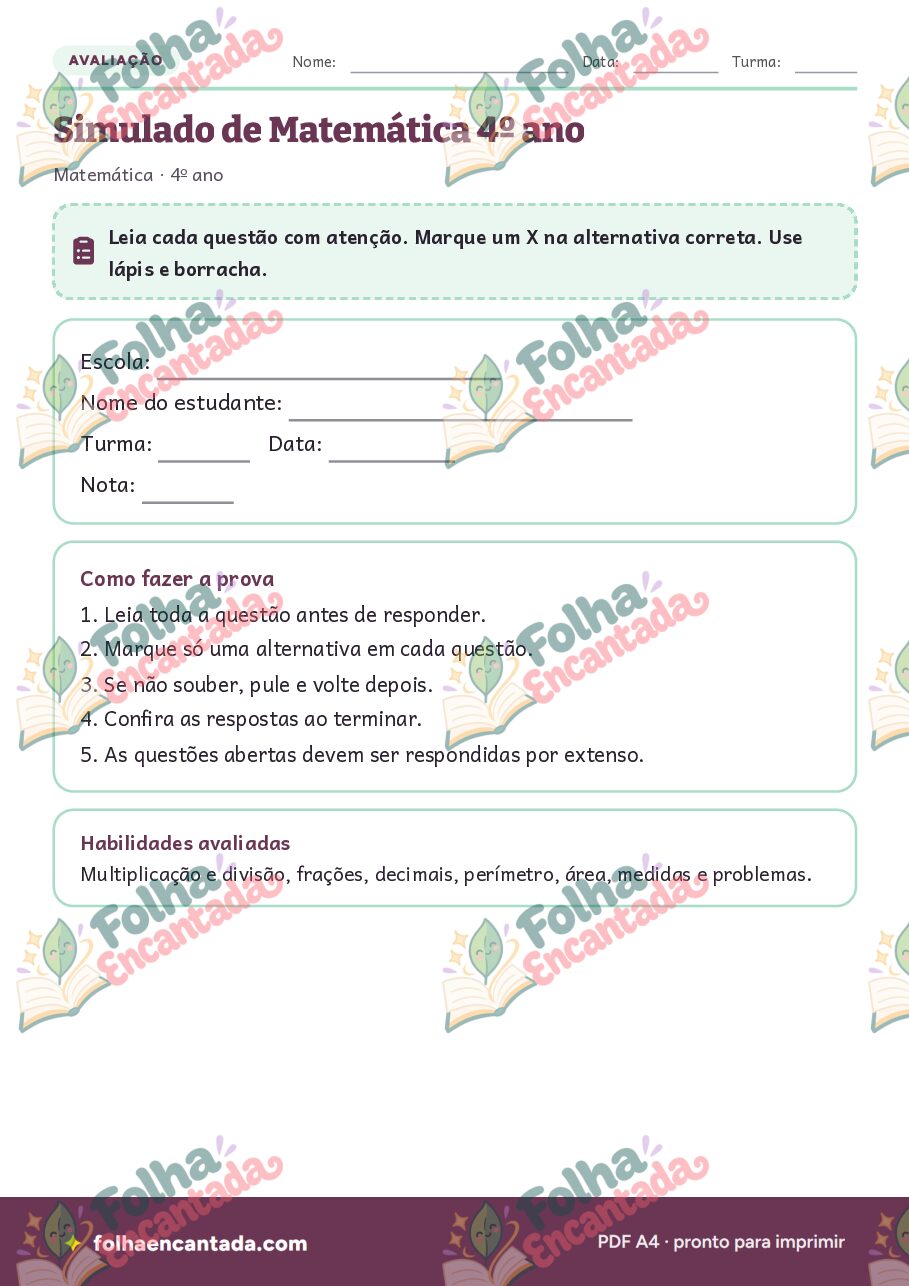 Prévia da página 2 de Simulado de Matemática: 4º ano