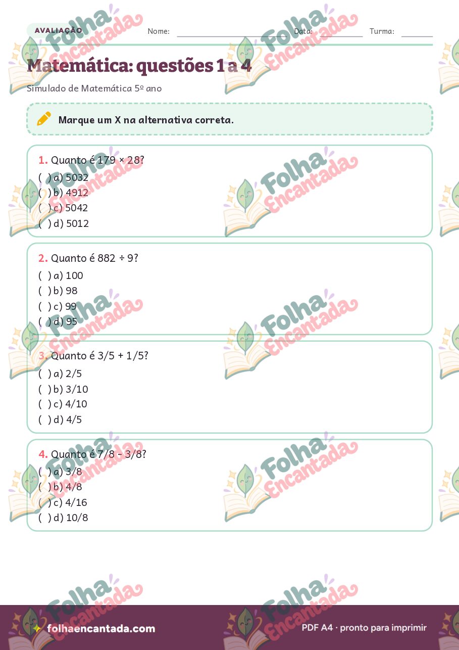 Prévia da página 3 de Simulado de Matemática: 5º ano