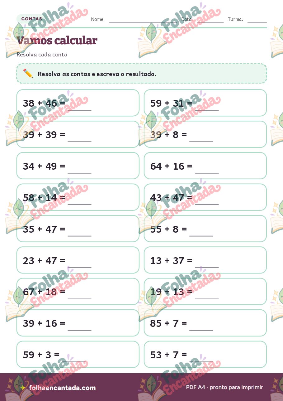 Prévia da página 2 de Adição com Reagrupamento (Vai Um) até 100