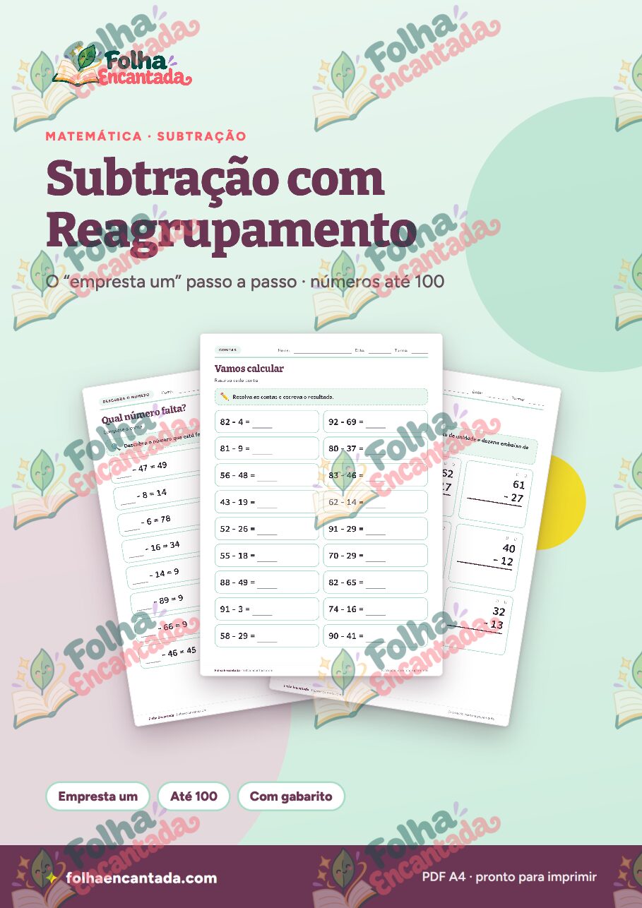Prévia da página 1 de Subtração com Reagrupamento (Empresta Um) até 100