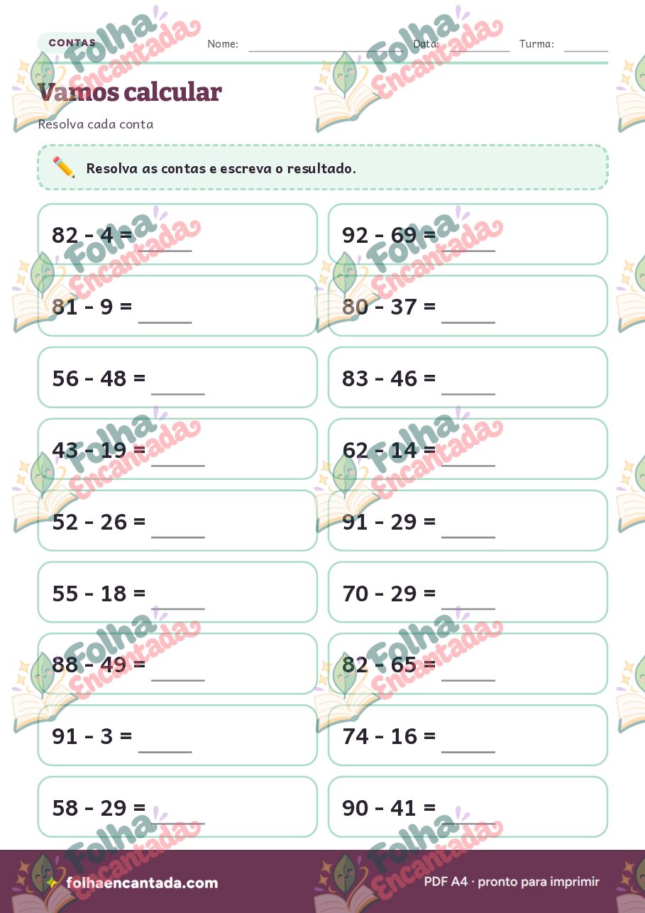 Prévia da página 2 de Subtração com Reagrupamento (Empresta Um) até 100