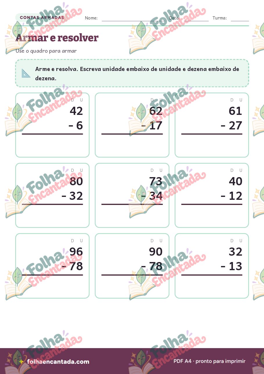 Prévia da página 3 de Subtração com Reagrupamento (Empresta Um) até 100