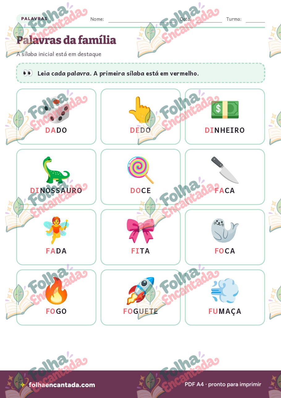 Prévia da página 3 de Famílias Silábicas do D e do F: Sílabas e Palavras