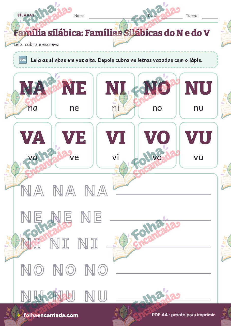 Prévia da página 2 de Famílias Silábicas do N e do V: Sílabas e Palavras