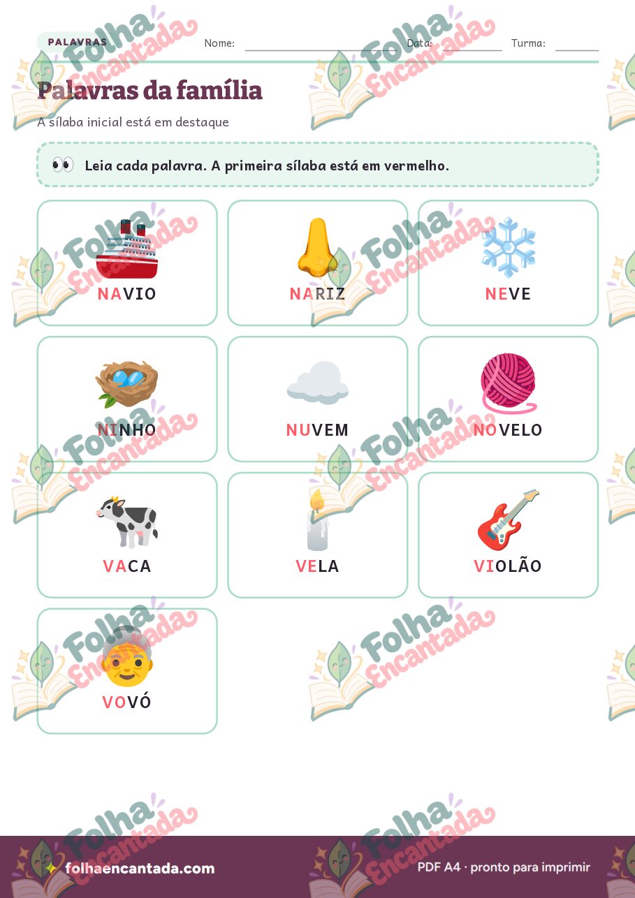 Prévia da página 3 de Famílias Silábicas do N e do V: Sílabas e Palavras