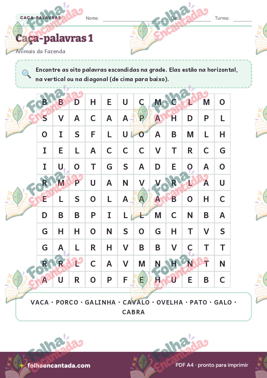 Prévia da página 2 de Caça-palavras: Animais da Fazenda