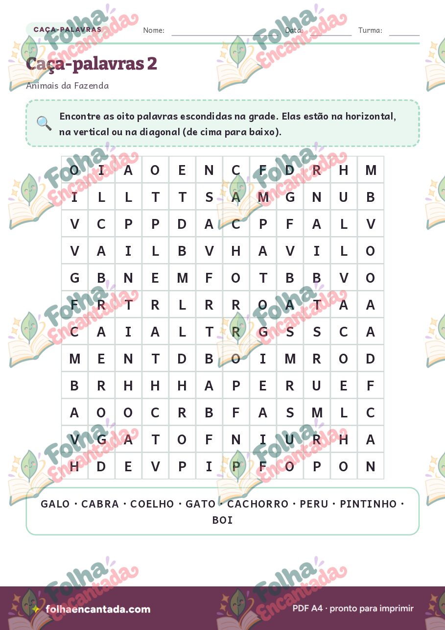 Prévia da página 3 de Caça-palavras: Animais da Fazenda