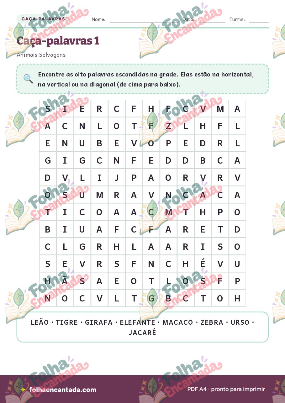 Prévia da página 2 de Caça-palavras: Animais Selvagens