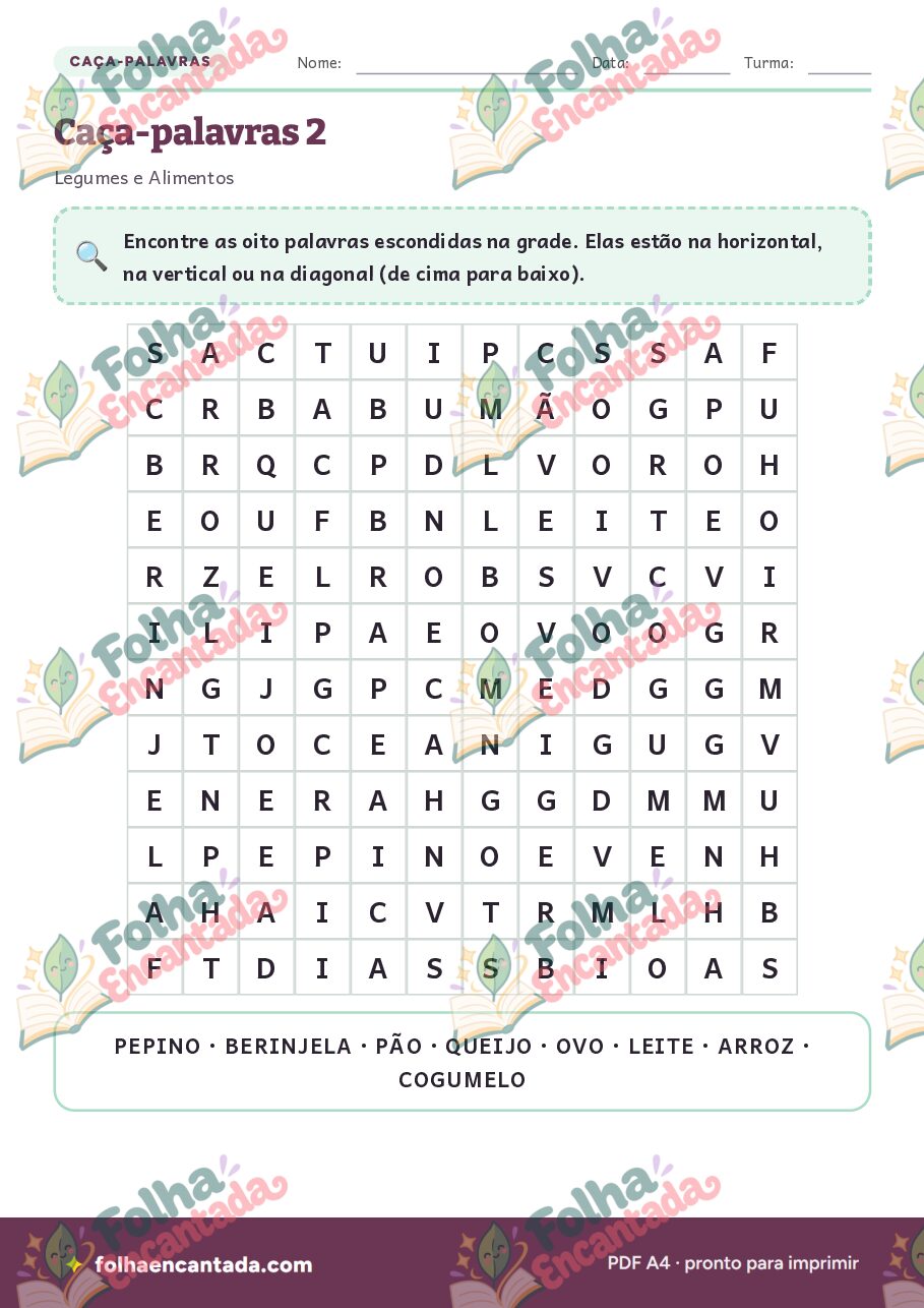 Prévia da página 3 de Caça-palavras: Legumes e Alimentos