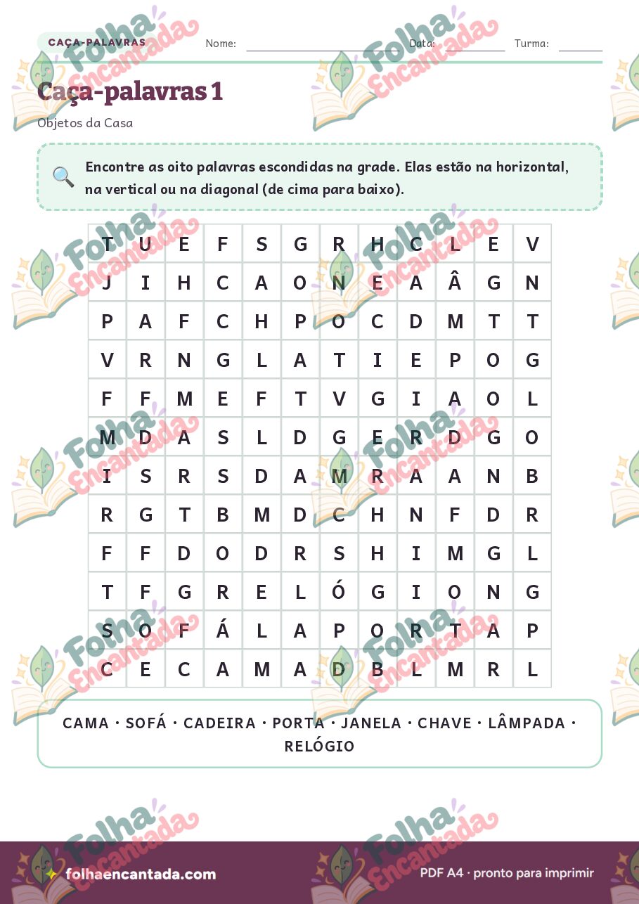 Prévia da página 2 de Caça-palavras: Objetos da Casa