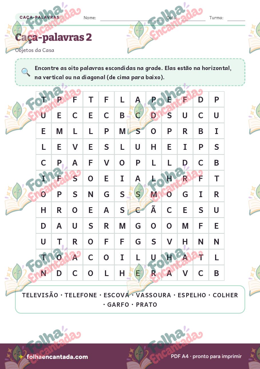 Prévia da página 3 de Caça-palavras: Objetos da Casa