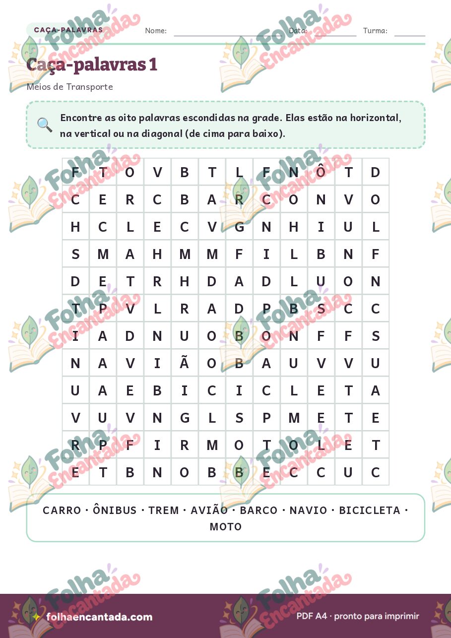 Prévia da página 2 de Caça-palavras: Meios de Transporte