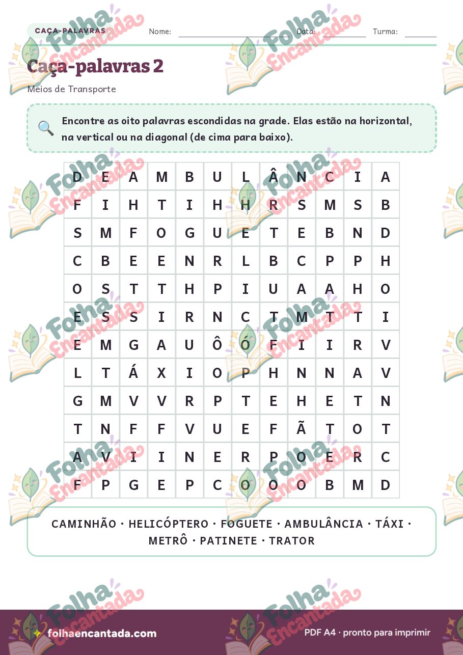Prévia da página 3 de Caça-palavras: Meios de Transporte