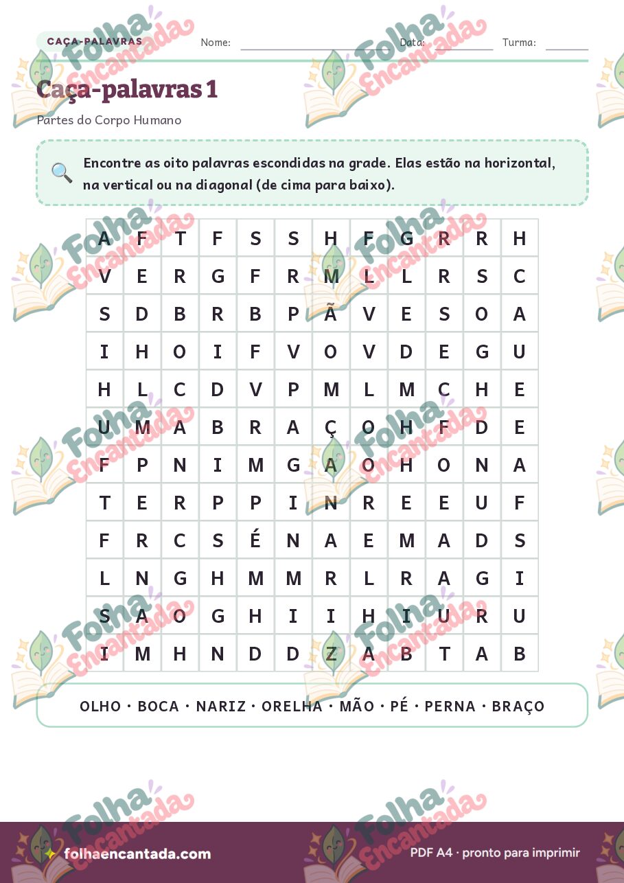 Prévia da página 2 de Caça-palavras: Partes do Corpo Humano
